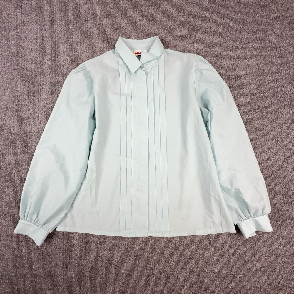 Judy Bond Blouse Womens Size Blue Pleated Puff Sleeve Top Button Front